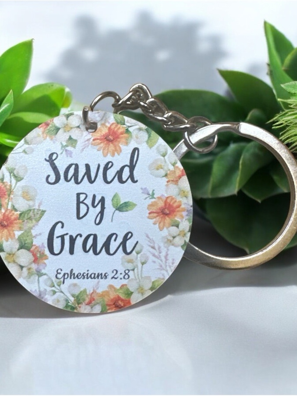 Saved By Grace Floral Keychain - Inspirational Scripture Keyring